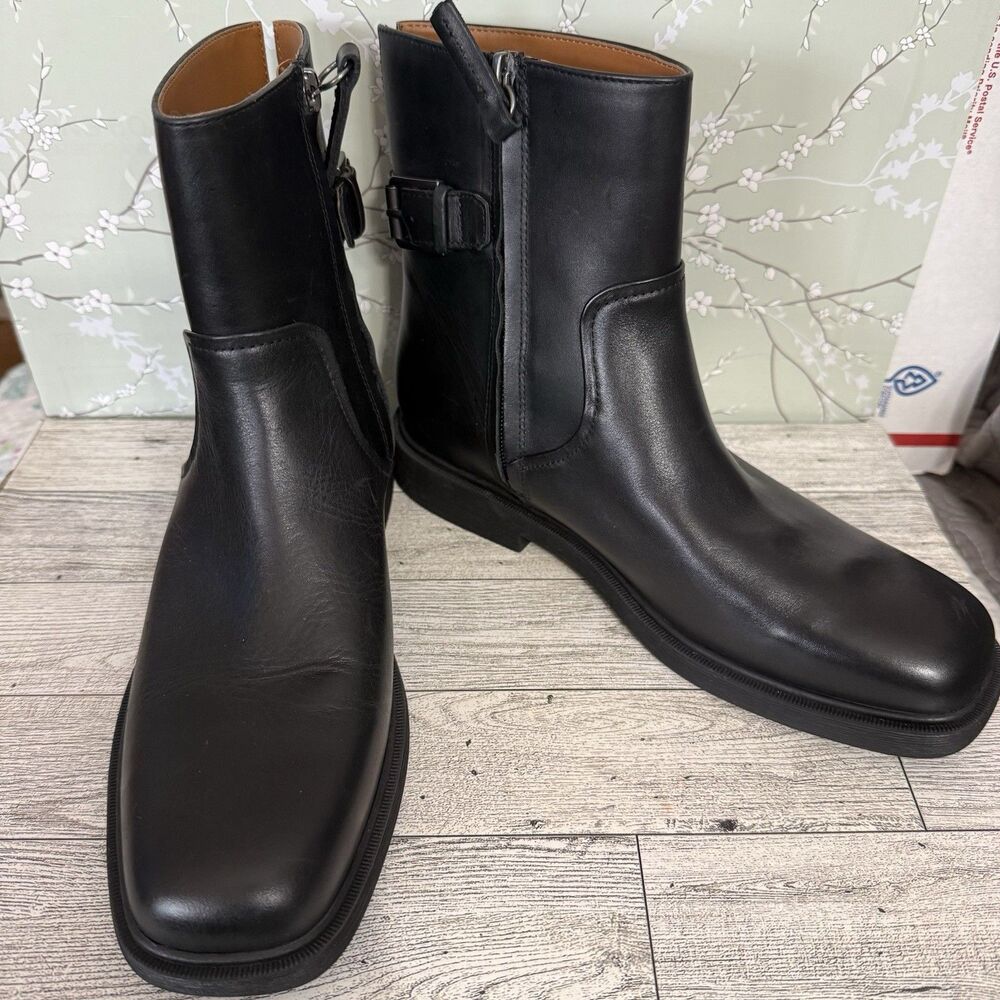 Franco Sarto Pippen Square Toe Boot Black Leather Buckle Zip Ankle Bootie Sz 7 M